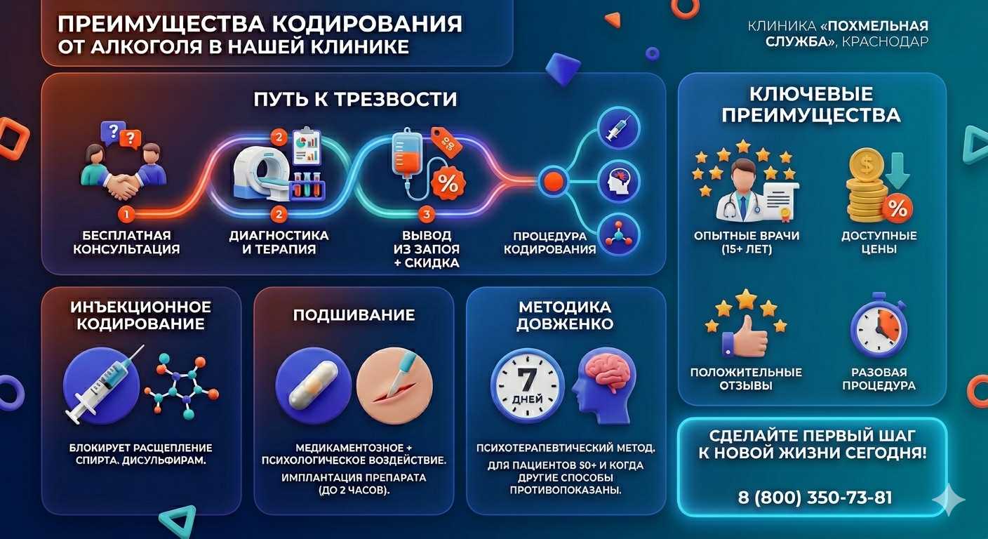Инфографика о методах кодирования от алкоголя в Ивановском: инъекции, подшивание, метод Довженко. Преимущества клиники и этапы лечения.